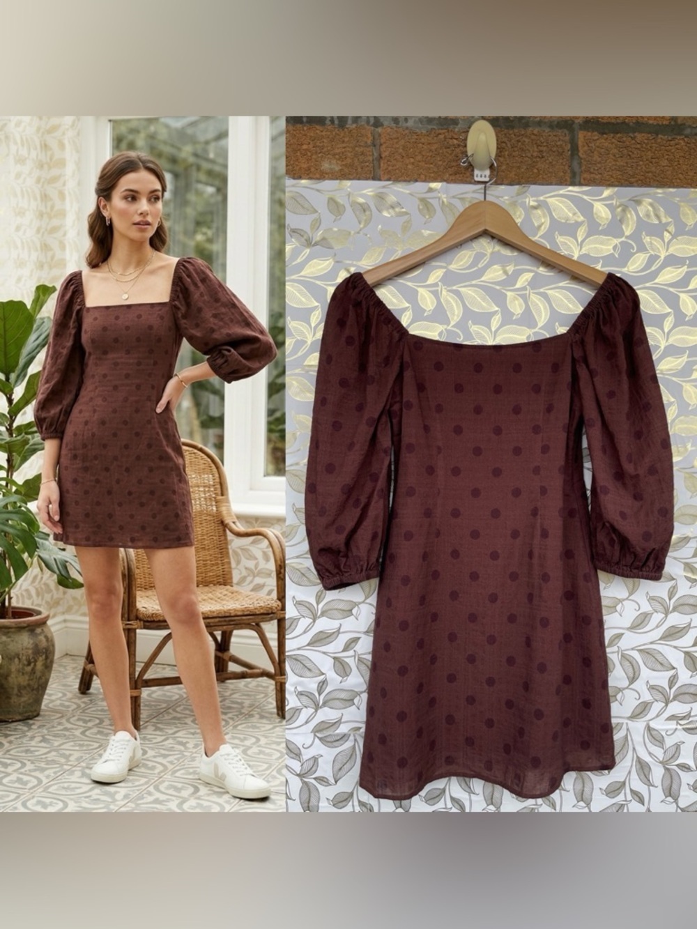 Peony Brown Polka Dot Puff Sleeve Mini Dress | Cottagecore Aesthetic | Size 8/4